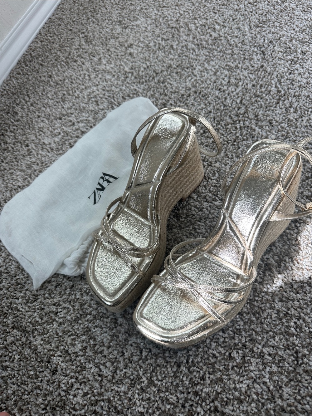 Zara Champagne Metallic Strappy Wedge Sandals